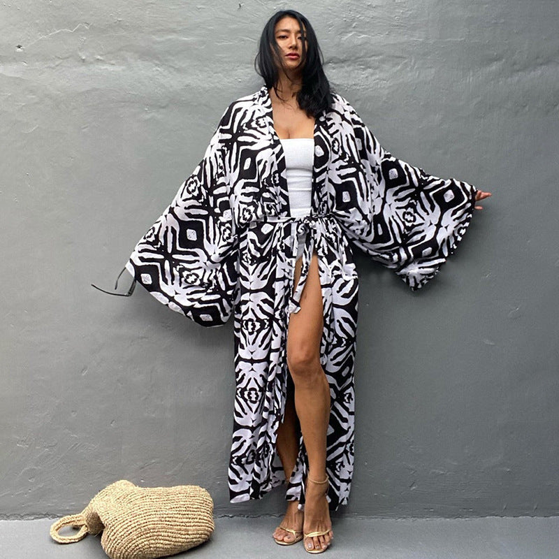 Leopard Print Long Cardigan Loose Beach Sun Protection Coat Beach Cover Up Swimsuit Outwear Women Bella Mia